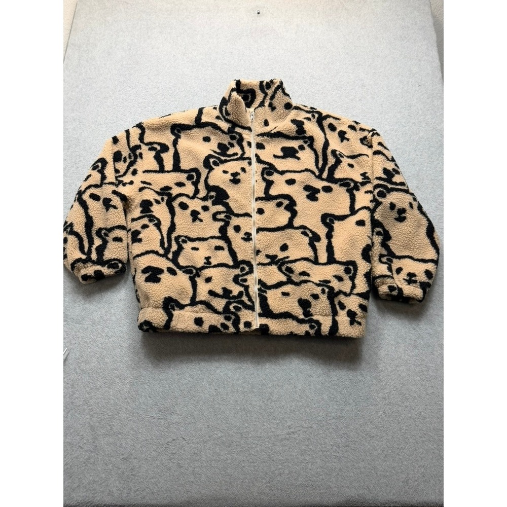 Cider Women Bear Print Teddy Fleece Full Zip Jacket Tan Black Sherpa